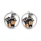 Halloween Theme Alloy Enamel Pendants, Flat Round with Black Castle, Platinum, 24x22x1.5mm, Hole: 1.6mm, 5pc/Set