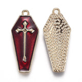 Halloween Theme Alloy Enamel Pendants, Red Coffin with Cross, Light Gold, 25.5x11x1.5mm, Hole: 1.6mm, 5pc/Set