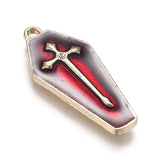 Halloween Theme Alloy Enamel Pendants, Red Coffin with Cross, Light Gold, 25.5x11x1.5mm, Hole: 1.6mm, 5pc/Set