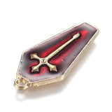 Halloween Theme Alloy Enamel Pendants, Red Coffin with Cross, Light Gold, 25.5x11x1.5mm, Hole: 1.6mm, 5pc/Set