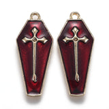 Halloween Theme Alloy Enamel Pendants, Red Coffin with Cross, Light Gold, 25.5x11x1.5mm, Hole: 1.6mm, 5pc/Set