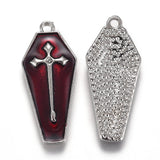 Halloween Theme Alloy Enamel Pendants, Red Coffin with Cross, Platinum, 25.5x11x3mm, Hole: 1.2mm, 5pcs/Set