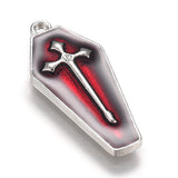 Halloween Theme Alloy Enamel Pendants, Red Coffin with Cross, Platinum, 25.5x11x3mm, Hole: 1.2mm, 5pcs/Set