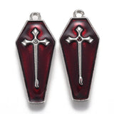 Halloween Theme Alloy Enamel Pendants, Red Coffin with Cross, Platinum, 25.5x11x3mm, Hole: 1.2mm, 5pcs/Set