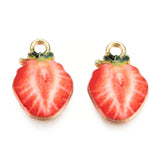 Alloy Enamel Pendants, Light Gold, Strawberry, Red, 18x12.5x3mm, Hole: 2mm, 10pc/Set