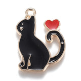 Alloy Enamel Pendants, Kitten with Heart, Black, 25x20x1.5mm, Hole: 2mm, 5pc/Set