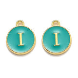 Golden Plated Alloy Enamel Charms, Enamelled Sequins, Flat Round with Alphabet, Letter.I, Green, 14x12x2mm, Hole: 1.5mm, 20pc/Set