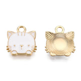 Eco-Friendly Zinc Alloy  Pendants, with Enamel, Cat Shape, Cadmium Free & Nickel Free & Lead Free, Golden, White, 15x13x3mm, Hole: 2mm, 5pc/Set