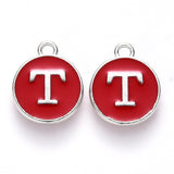 Platinum Plated Alloy Enamel Charms, Cadmium Free & Lead Free, Enamelled Sequins, Flat Round with Letter, Letter.T, 14x12x2mm, Hole: 1.5mm, 20pcs/Set