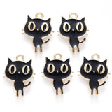 Alloy Enamel Pendants, Cat Shape, Light Gold, Black, 19x14x2mm, Hole: 1.8mm, 10pc/Set