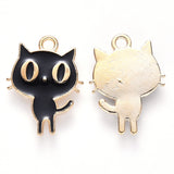 Alloy Enamel Pendants, Cat Shape, Light Gold, Black, 19x14x2mm, Hole: 1.8mm, 10pc/Set