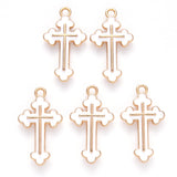 Alloy Enamel Pendants, Cross, Light Gold, White, 25x14x2mm, Hole: 1.8mm, 10pc/Set