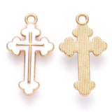 Alloy Enamel Pendants, Cross, Light Gold, White, 25x14x2mm, Hole: 1.8mm, 10pc/Set