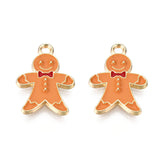 Alloy Enamel Pendants, for Christmas, Light Gold, Gingerbread Man, Dark Orange, 20.5x14x2mm, Hole: 2mm, 5pc/Set