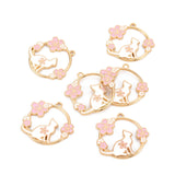 Eco-Friendly Alloy Enamel Pendants, Cadmium Free & Lead Free & Nickel Free, Light Gold, Ring with Cat and Sakura, Pink, 30x31x2.5mm, Hole: 1.8mm, 10pc/Set