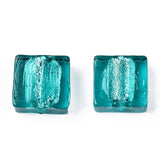 Handmade Silver Foil Lampwork Beads, Square, Teal, 12x12x6mm, 20pc/Set