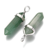 Natural Green Aventurine Double Terminated Pointed Pendants, with Random Alloy Pendant Hexagon Bead Cap Bails, Bullet, Platinum, 36~45x12mm, Hole: 3x5mm, Gemstone: 10mm in diameter