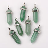 Natural Green Aventurine Double Terminated Pointed Pendants, with Random Alloy Pendant Hexagon Bead Cap Bails, Bullet, Platinum, 36~45x12mm, Hole: 3x5mm, Gemstone: 10mm in diameter