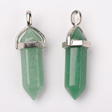 Natural Green Aventurine Double Terminated Pointed Pendants, with Random Alloy Pendant Hexagon Bead Cap Bails, Bullet, Platinum, 36~45x12mm, Hole: 3x5mm, Gemstone: 10mm in diameter