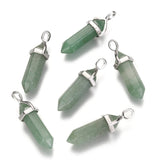 Natural Green Aventurine Double Terminated Pointed Pendants, with Random Alloy Pendant Hexagon Bead Cap Bails, Bullet, Platinum, 36~45x12mm, Hole: 3x5mm, Gemstone: 10mm in diameter