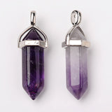 Natural Amethyst Double Terminated Pointed Pendants, with Random Alloy Pendant Hexagon Bead Cap Bails, Bullet, Platinum, 37~40x12mm, Hole: 3mm