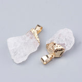 Natural Quartz Crystal Pendants, Rock Crystal Pendants, with Golden Tone Iron Brass Findings, Nuggets, Clear, 20~30x10~18x8~18mm, Hole: 3~4x7mm, 2pc/Set