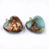 Assembled Bronzite and Aqua Terra Jasper Pendants, with Iron Findings, Heart, Golden, 20~22x19~20x5~7mm, Hole: 2mm