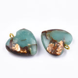 Assembled Bronzite and Aqua Terra Jasper Pendants, with Iron Findings, Heart, Golden, 20~22x19~20x5~7mm, Hole: 2mm