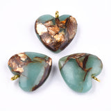 Assembled Bronzite and Aqua Terra Jasper Pendants, with Iron Findings, Heart, Golden, 20~22x19~20x5~7mm, Hole: 2mm