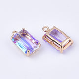 Transparent Glass Pendants, with Brass Findings, Faceted, Rectangle, AB Color Plated, Light Gold, Medium Purple, 17.5x10x6.5mm, Hole: 1.6mm, 2pc/Set