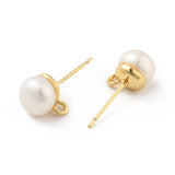 Natural Pearl Stud Earrings Findings, with Brass Findings and Horizontal Loops, Round, Cadmium Free & Lead Free, Real 18K Gold Plated, 10x7.5mm, Hole: 0.6mm, Pin: 0.6mm