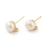 Natural Pearl Stud Earrings Findings, with Brass Findings and Horizontal Loops, Round, Cadmium Free & Lead Free, Real 18K Gold Plated, 10x7.5mm, Hole: 0.6mm, Pin: 0.6mm