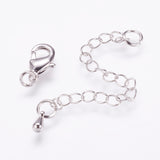 Long-Lasting Plated Brass Chain Extender, with Lobster Claw Clasps and Bead Tips, Real Platinum Plated, Clasp: 12x7x3mm, Hole: 3.5mm, Extend Chain: 65mm, ring: 5x1mm, 10Set/Set