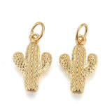 Brass Pendants, with Jump Rings, Long-Lasting Plated, Cactus, Real 18K Gold Plated, 13.5x9x3mm, Hole: 3mm, 2pc/Set