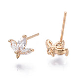 Brass Micro Cubic Zirconia Stud Earring Findings, with Loop, Real 18K Gold Plated, Nickel Free, Flower, Clear, 8x8mm, Hole: 1mm, Pin: 0.8mm, 2pc/Set