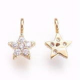 Brass Micro Pave Cubic Zirconia Charms, Nickel Free, Star, Clear, Real 18K Gold Plated, 8x5x1.5mm, Hole: 1.8mm, 5pc/Set