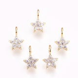 Brass Micro Pave Cubic Zirconia Charms, Nickel Free, Star, Clear, Real 18K Gold Plated, 8x5x1.5mm, Hole: 1.8mm, 5pc/Set