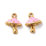 Brass Enamel Pendants, Long-Lasting Plated, Cadmium Free & Lead Free, Real 18K Gold Plated, Mushroom, Pink, 9.5x7.5x3.5mm, Hole: 1mm, 2pc/Set