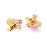 Brass Enamel Pendants, Long-Lasting Plated, Cadmium Free & Lead Free, Real 18K Gold Plated, Mushroom, Pink, 9.5x7.5x3.5mm, Hole: 1mm, 2pc/Set