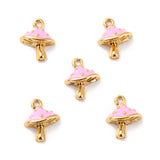 Brass Enamel Pendants, Long-Lasting Plated, Cadmium Free & Lead Free, Real 18K Gold Plated, Mushroom, Pink, 9.5x7.5x3.5mm, Hole: 1mm, 2pc/Set