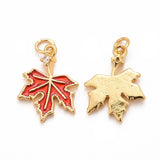 Autumn Theme Brass Cubic Zirconia Charms, with Enamel, Cadmium Free & Lead Free, Golden, Maple Leaf, Crimson, 15x11x1.5mm, Hole: 2mm, 5pc/Set