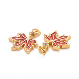 Autumn Theme Brass Cubic Zirconia Charms, with Enamel, Cadmium Free & Lead Free, Golden, Maple Leaf, Crimson, 15x11x1.5mm, Hole: 2mm, 5pc/Set