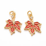 Autumn Theme Brass Cubic Zirconia Charms, with Enamel, Cadmium Free & Lead Free, Golden, Maple Leaf, Crimson, 15x11x1.5mm, Hole: 2mm, 5pc/Set