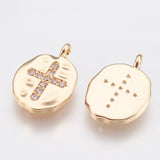 Brass Charms, with Micro Pave Cubic Zirconia, Oval with Cross, Clear, Nickel Free, Real 18K Gold Plated, 14x10x1.5mm, Hole: 1.4mm, 2pc/Set