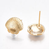 Brass Stud Earring Findings, Shell, Real 18K Gold Plated, 11x11.5mm, Hole: 1.2mm, Pin: 0.7mm, 2pc/Set