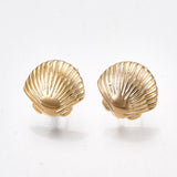 Brass Stud Earring Findings, Shell, Real 18K Gold Plated, 11x11.5mm, Hole: 1.2mm, Pin: 0.7mm, 2pc/Set