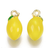 Brass Charms, with Enamel, Lemon, Nickel Free, Real 18K Gold Plated, Gold, 13x7mm, Hole: 1.2mm, 2pcs/Set