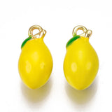 Brass Charms, with Enamel, Lemon, Nickel Free, Real 18K Gold Plated, Gold, 13x7mm, Hole: 1.2mm, 2pcs/Set