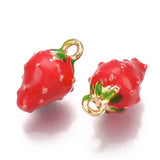 Brass Charms, with Enamel, Strawberry, Red, Nickel Free, Real 18K Gold Plated, 11.5x7x7mm, Hole: 1.4mm, 2pc/Set