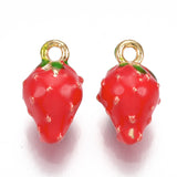 Brass Charms, with Enamel, Strawberry, Red, Nickel Free, Real 18K Gold Plated, 11.5x7x7mm, Hole: 1.4mm, 2pc/Set